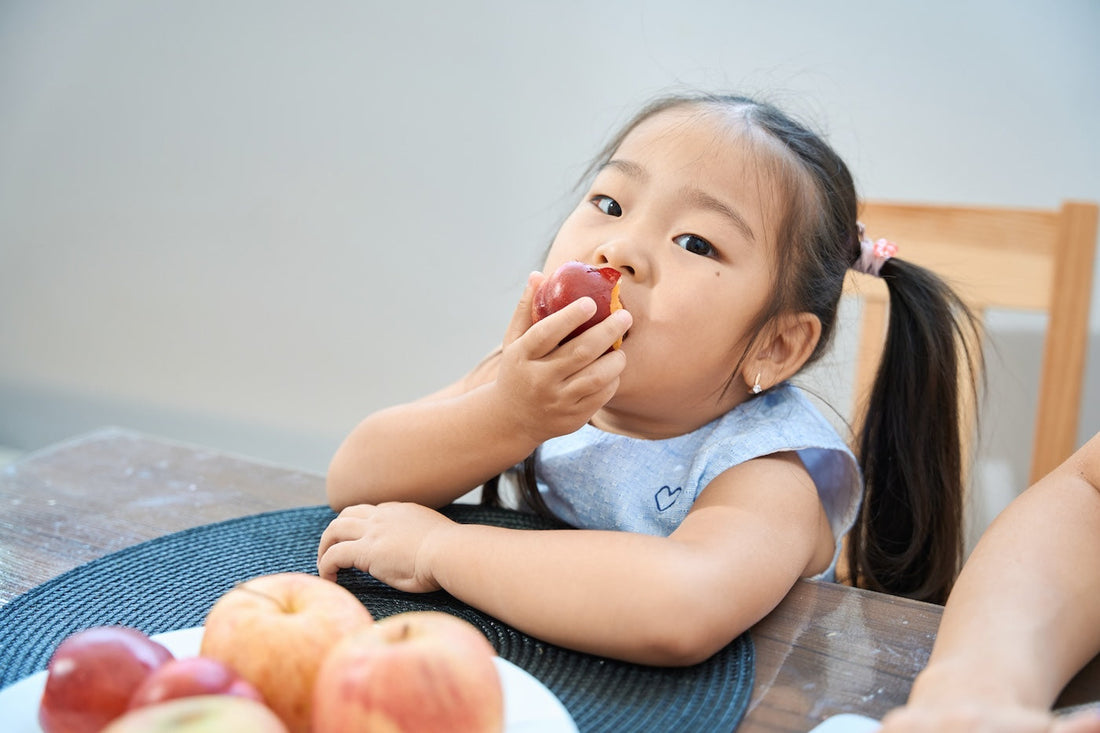 Toddler eating an apple